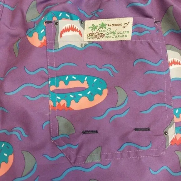 US Surf Club Hawaii Drawstring Lined Swim Board Shorts Mens Size S Sharks Donuts - Picture 4 of 5